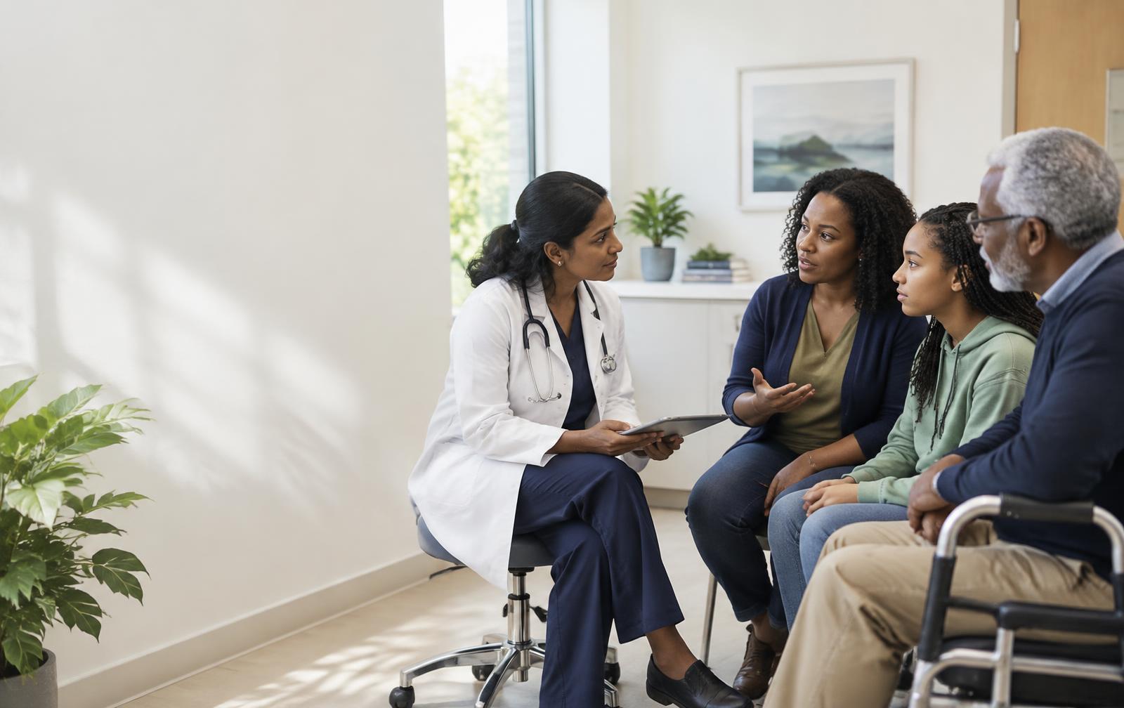 An illustrative family participating in a clinical conversation.